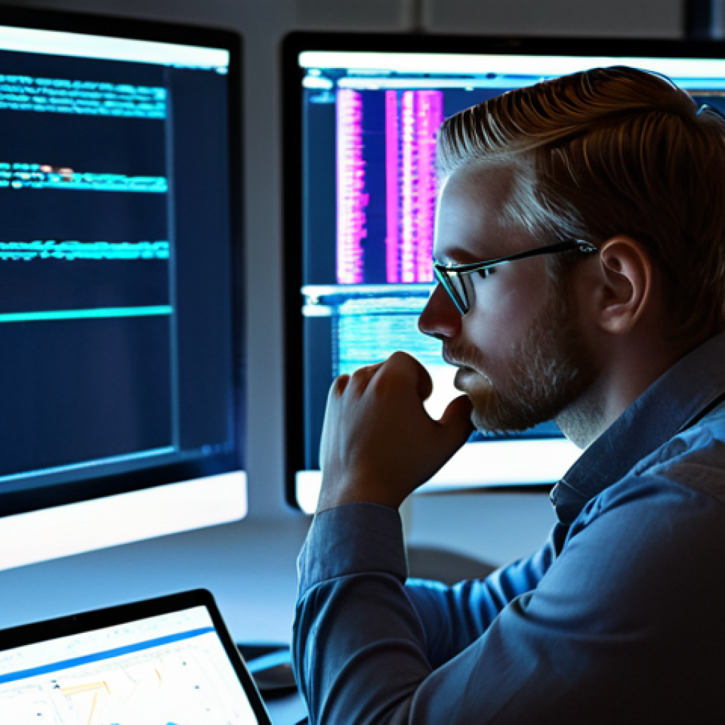 **Data Scientist Tweaking Parameters:** A focused data scientist in a modern Swedish office, surrounded by monitors displaying complex code and machine learning visualizations. They are meticulously adjusting parameters on a glowing screen, deep in thought, with coffee nearby. The atmosphere is collaborative and bright, typical of a tech startup in Stockholm.