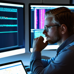 **Data Scientist Tweaking Parameters:** A focused data scientist in a modern Swedish office, surrounded by monitors displaying complex code and machine learning visualizations. They are meticulously adjusting parameters on a glowing screen, deep in thought, with coffee nearby. The atmosphere is collaborative and bright, typical of a tech startup in Stockholm.