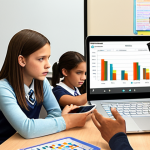 A classroom scene depicting a teacher using a tablet to analyze student data, with individualized learning materials displayed on student laptops. The atmosphere should convey personalized learning and engagement, with a focus on identifying student strengths and weaknesses. Include visual cues of graphs and charts overlaid on the students' screens.