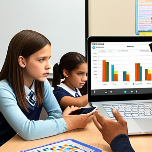 A classroom scene depicting a teacher using a tablet to analyze student data, with individualized learning materials displayed on student laptops. The atmosphere should convey personalized learning and engagement, with a focus on identifying student strengths and weaknesses. Include visual cues of graphs and charts overlaid on the students' screens.