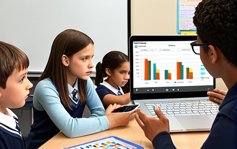 A classroom scene depicting a teacher using a tablet to analyze student data, with individualized learning materials displayed on student laptops. The atmosphere should convey personalized learning and engagement, with a focus on identifying student strengths and weaknesses. Include visual cues of graphs and charts overlaid on the students' screens.