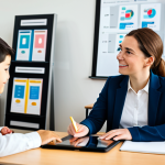 A professional female teacher, wearing a modest business-casual outfit, sitting at a modern desk in a well-lit, contemporary classroom, gently guiding a young student. The teacher is pointing to a tablet screen displaying abstract, positive learning progress data. The student is engaged, looking at the tablet. The background features bookshelves and educational posters. fully clothed, appropriate attire, safe for work, perfect anatomy, natural proportions, well-formed hands, proper finger count, natural body proportions, professional photography, high quality, professional, appropriate content.
